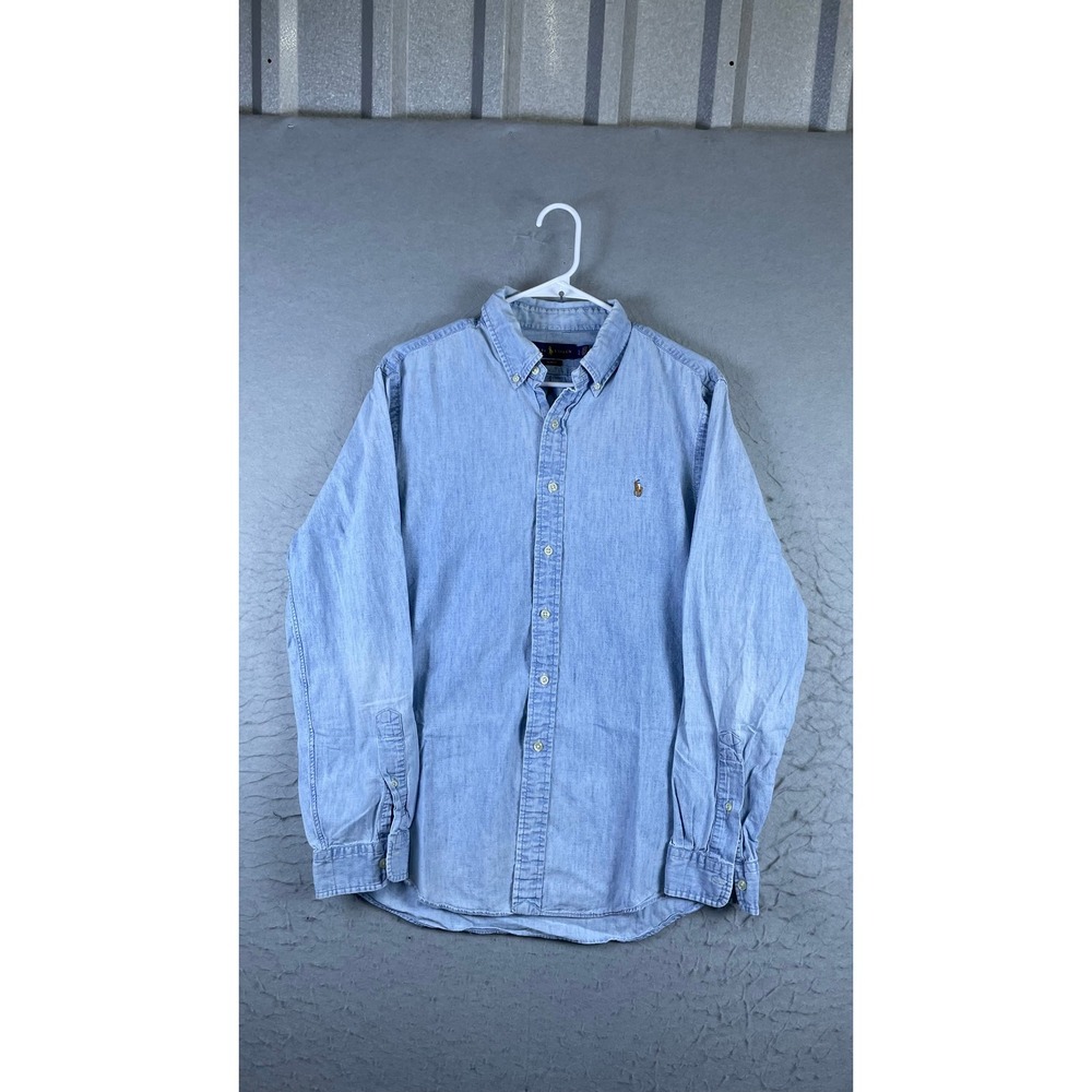 Ralph Lauren Button Down Men Large Blue Excellent Slim Fit Chambray Shirt